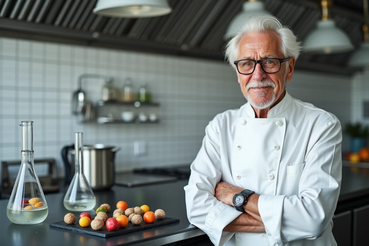 Chef Pierre Gagnaire en veste blanche dans un laboratoire culinaire moléculaire avec accessoires scientifiques et sphères d'ingrédients