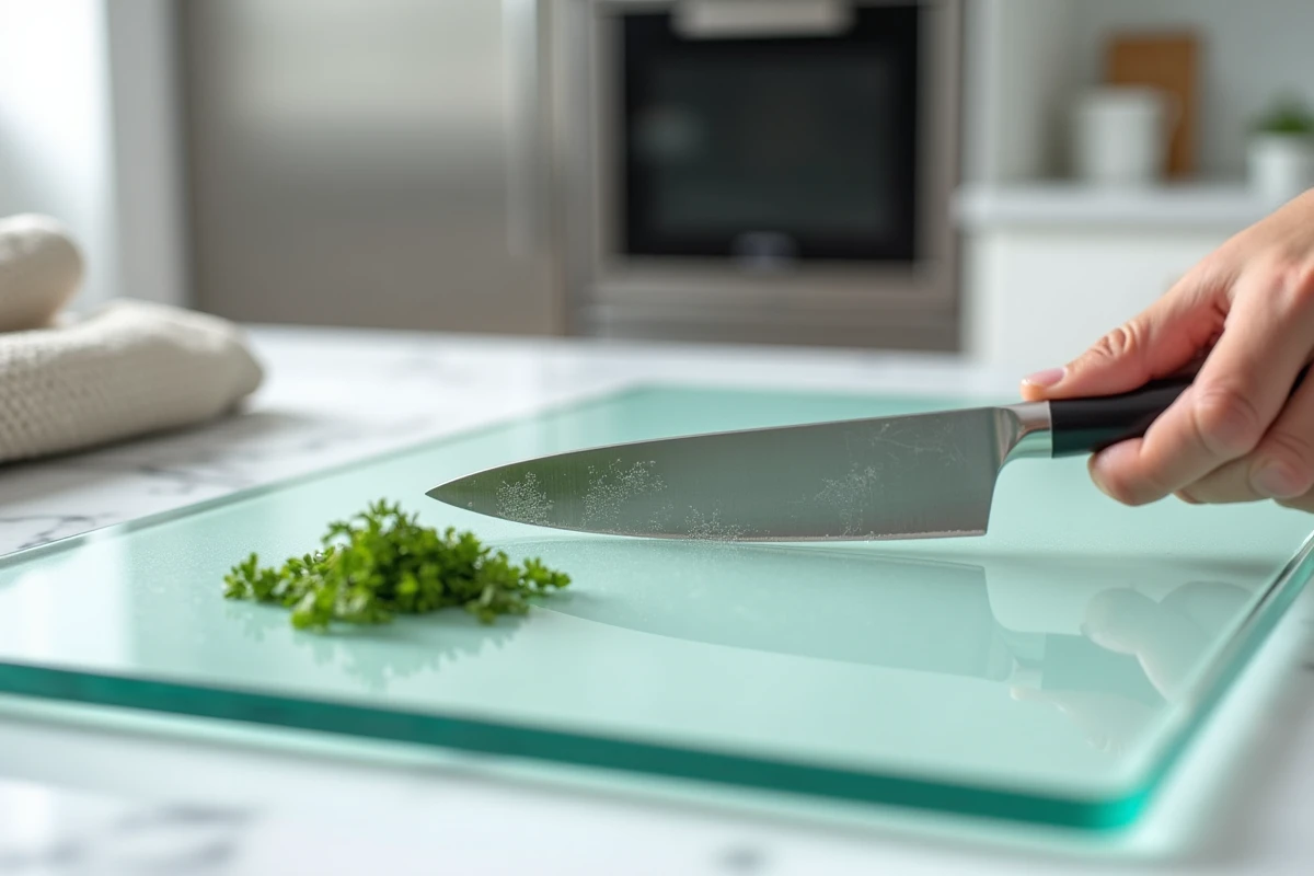 Gros plan d'une planche à découper en verre avec micro-fissures et rayures visibles, posée sur un plan de travail en marbre avec un couteau de cuisine