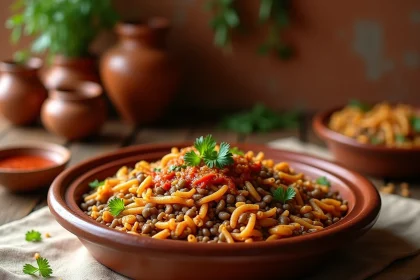 Plat égyptien traditionnel de koshari servi dans une tagine en céramique sur une table en bois rustique, avec oignons frits et sauce tomate