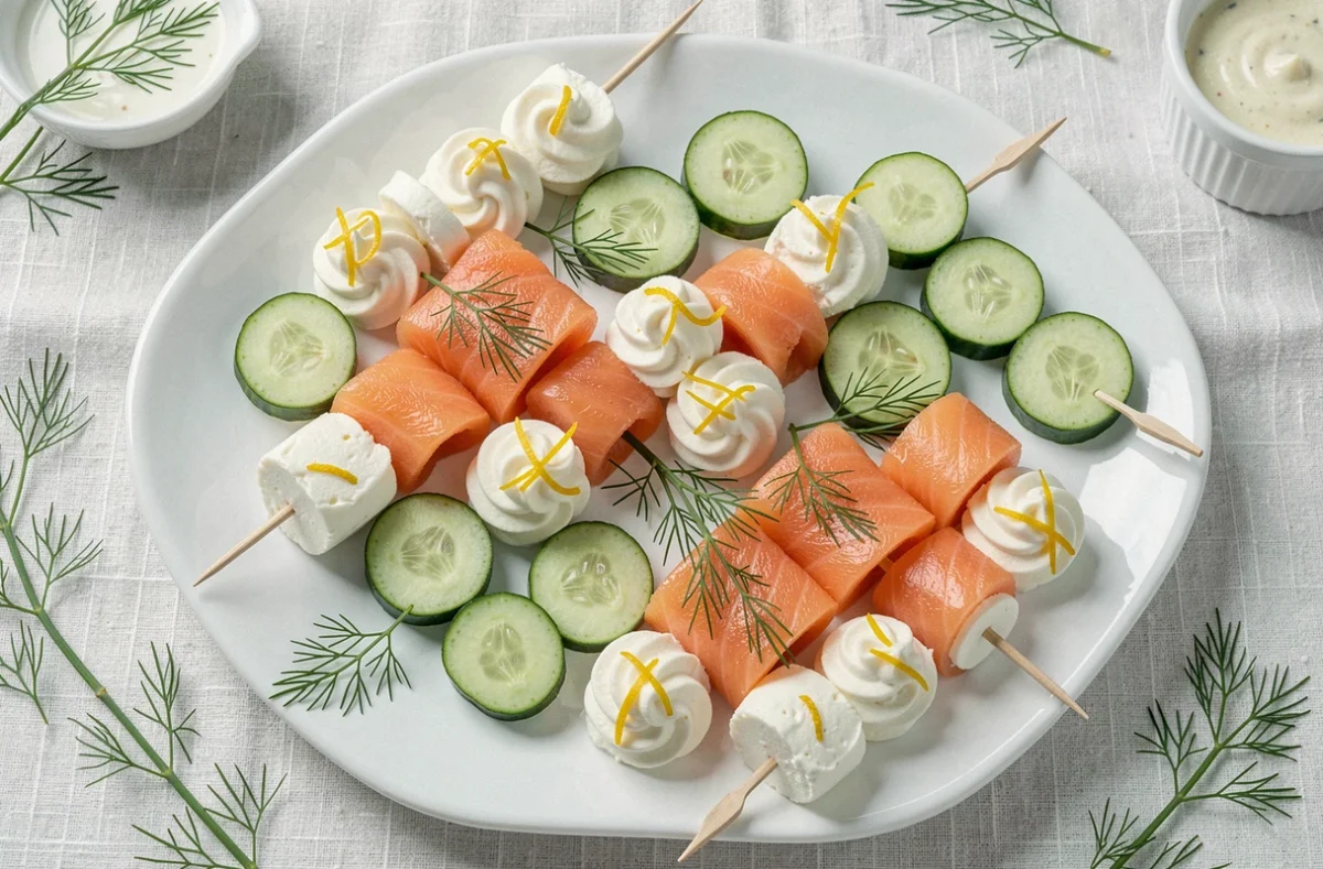 Vue du dessus d'un plateau de brochettes apéro au saumon fumé, concombre et fromage frais prêtes à l'avance pour l'apéritif