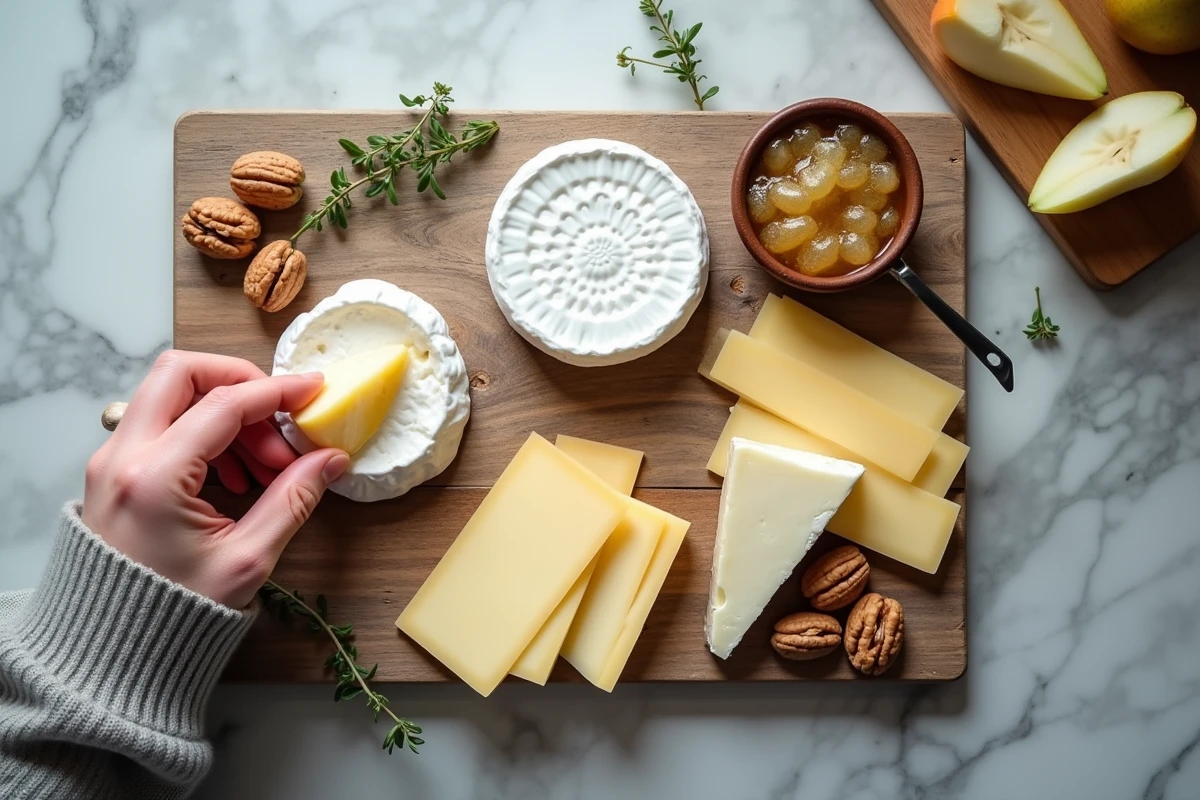 Plateau de fromages variés sur marbre avec fruits et noix, représentant une consommation équilibrée de fromage dans le cadre d'un régime alimentaire sain