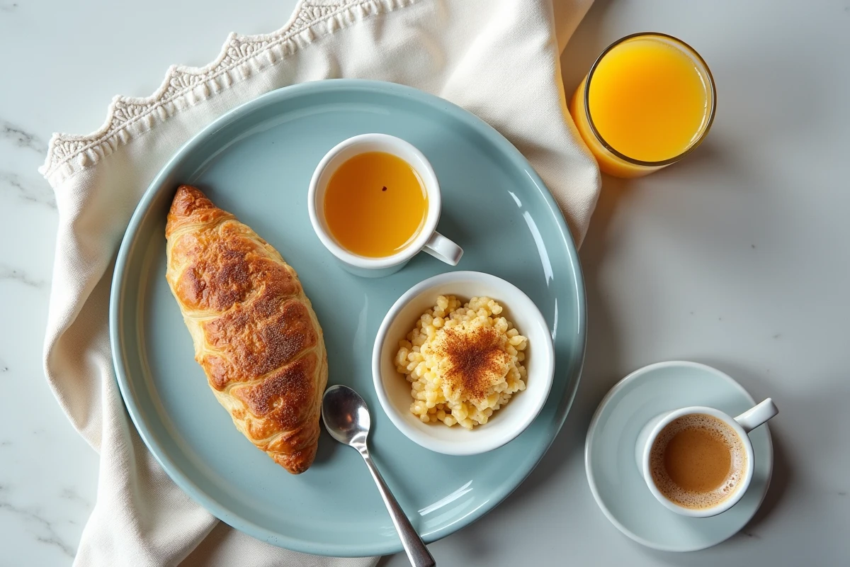 Vue de dessus d'un plateau petit déjeuner portugais avec queijada, arroz doce, bica et jus d'orange sur comptoir en pierre
