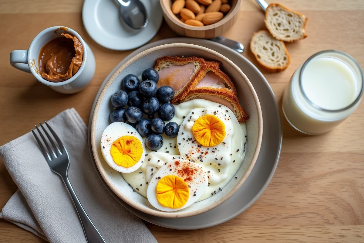 Vue de dessus d'un plateau petit-déjeuner complet riche en protéines avec œufs, fromage blanc, poulet fumé et graines de chia sur une table en bois