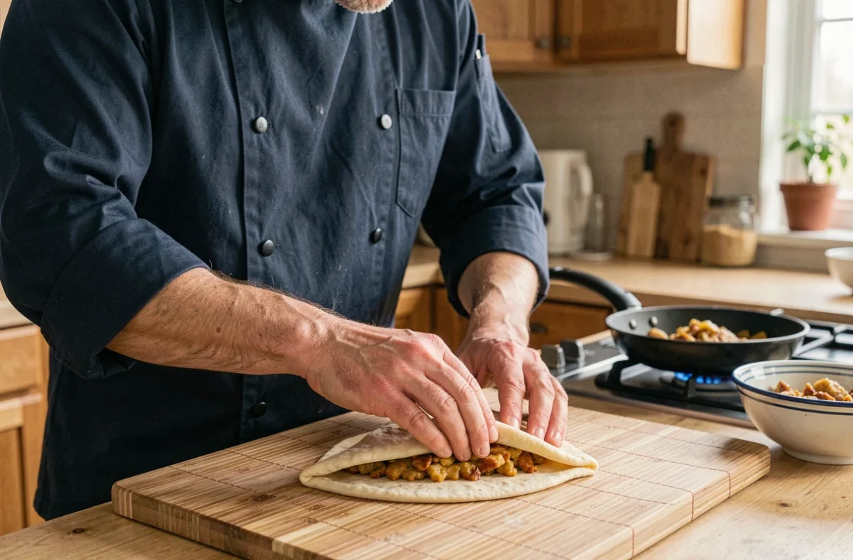 Chef pliant une feuille de brick garnie de farce dorée sur une planche à découper en bambou dans une cuisine moderne