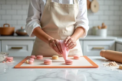 Femme en tablier beige en train de pocher des coques de macarons roses sur une plaque de cuisson en marbre dans une cuisine maison