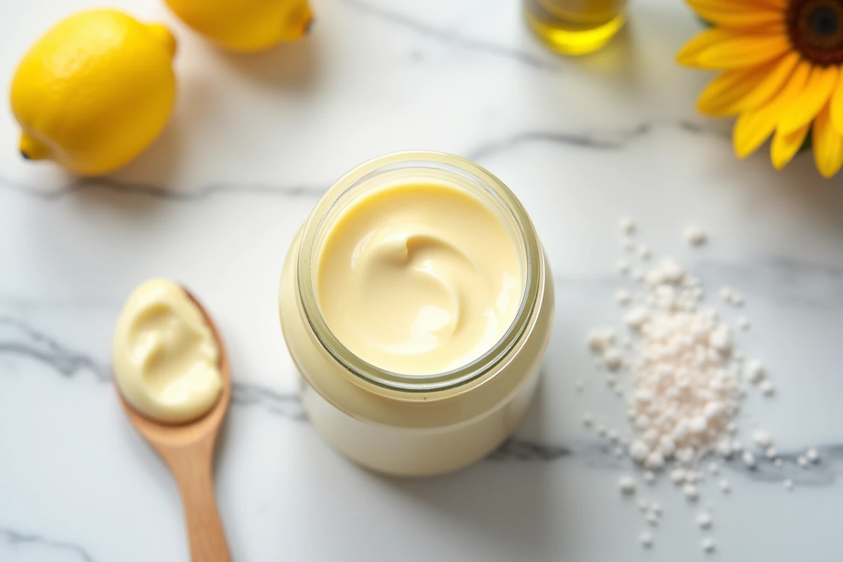 Pot de mayonnaise maison sans moutarde sur marbre blanc avec citrons et huile de tournesol vue du dessus