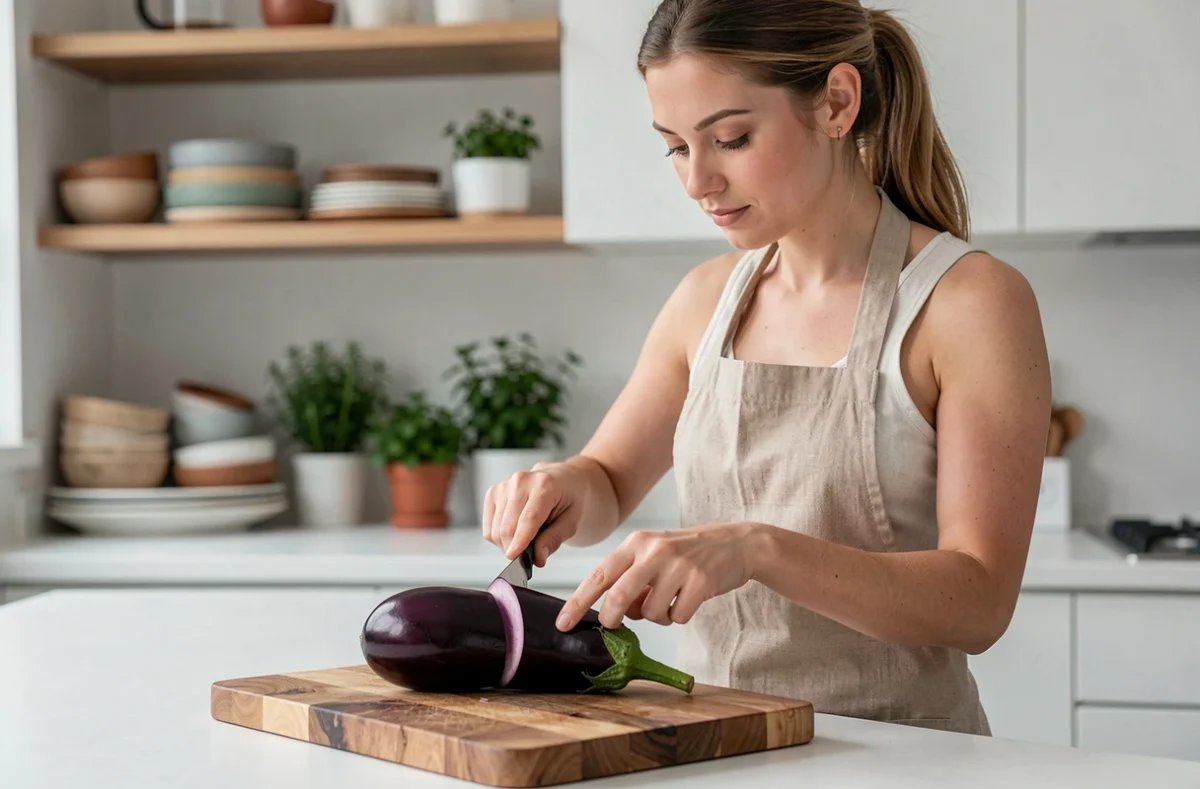 Femme préparant une aubergine fraîche sur une planche à découper en bois dans une cuisine moderne