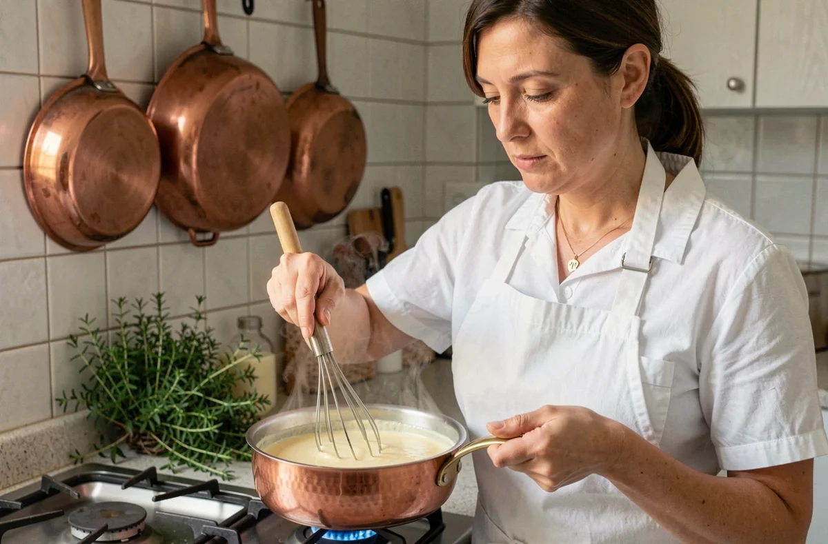 Femme cuisinier préparant une béchamel sans grumeaux au fouet dans une casserole en cuivre sur une cuisinière à gaz dans une cuisine maison