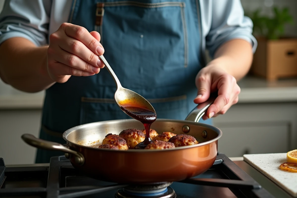 Cuisinier arrosant des crépinettes de porc maison dans une casserole en cuivre sur une gazinière domestique