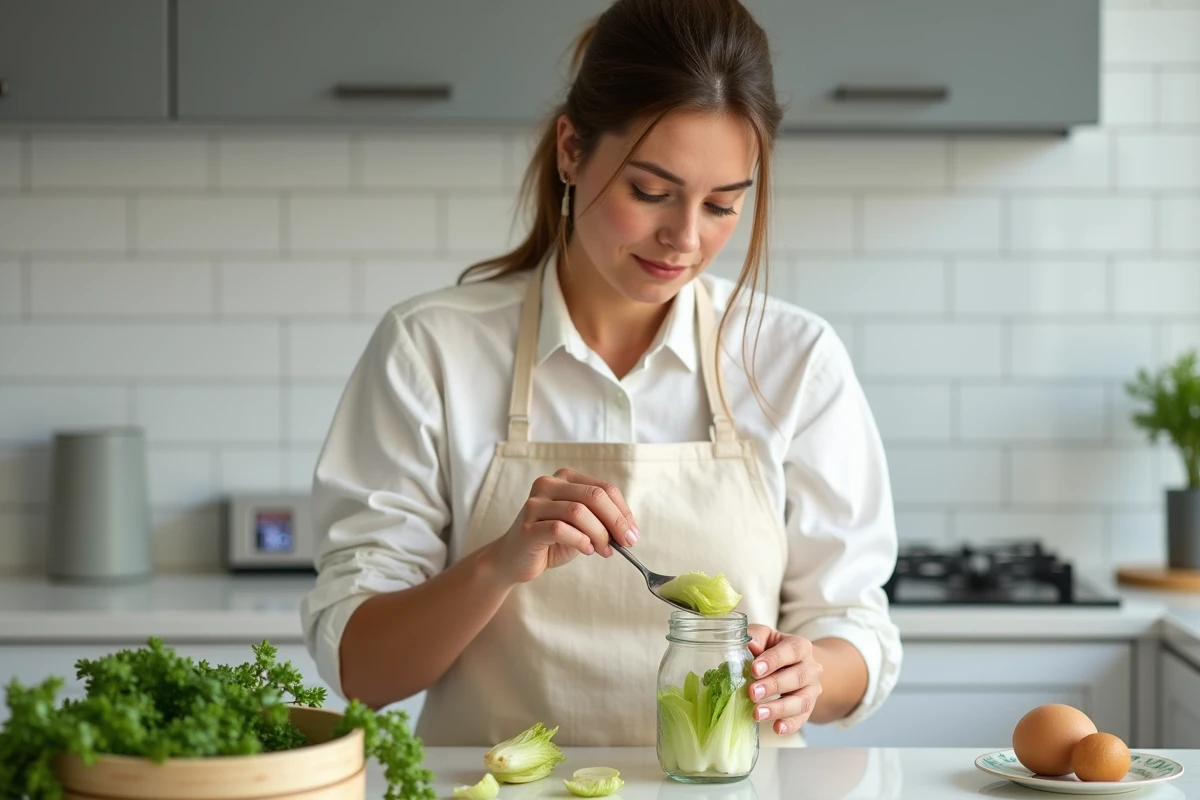 Femme préparant des endives vapeur pour bébé dans un bocal en verre, cuisine moderne