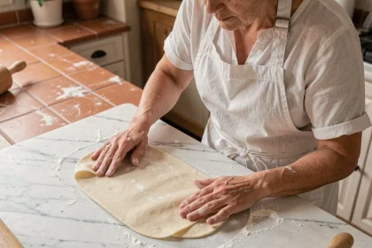 Femme préparant une feuille de brick maison en étalant la pâte fine sur un plan de travail en marbre fariné