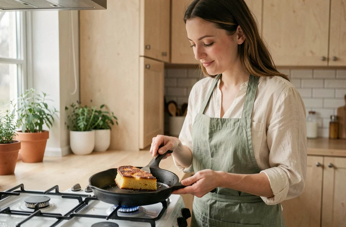 Femme préparant un gâteau aux œufs doré façon pain perdu dans une poêle en fonte dans une cuisine scandinave