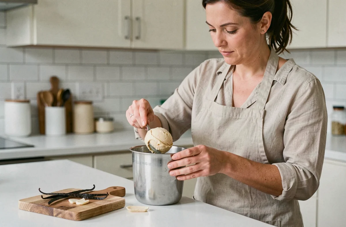 Femme préparant une glace artisanale à la vanille bourbon dans une cuisine maison