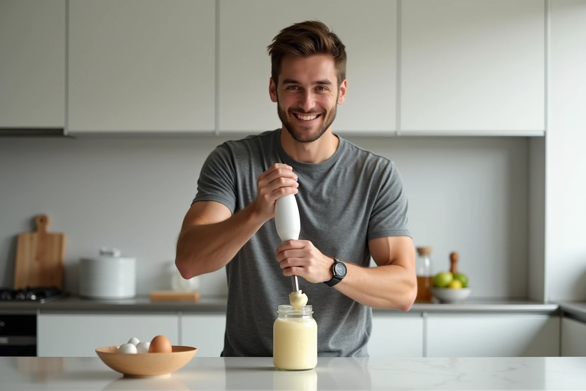 Jeune homme préparant une mayonnaise sans moutarde au mixeur plongeant dans un bocal en verre dans une cuisine moderne