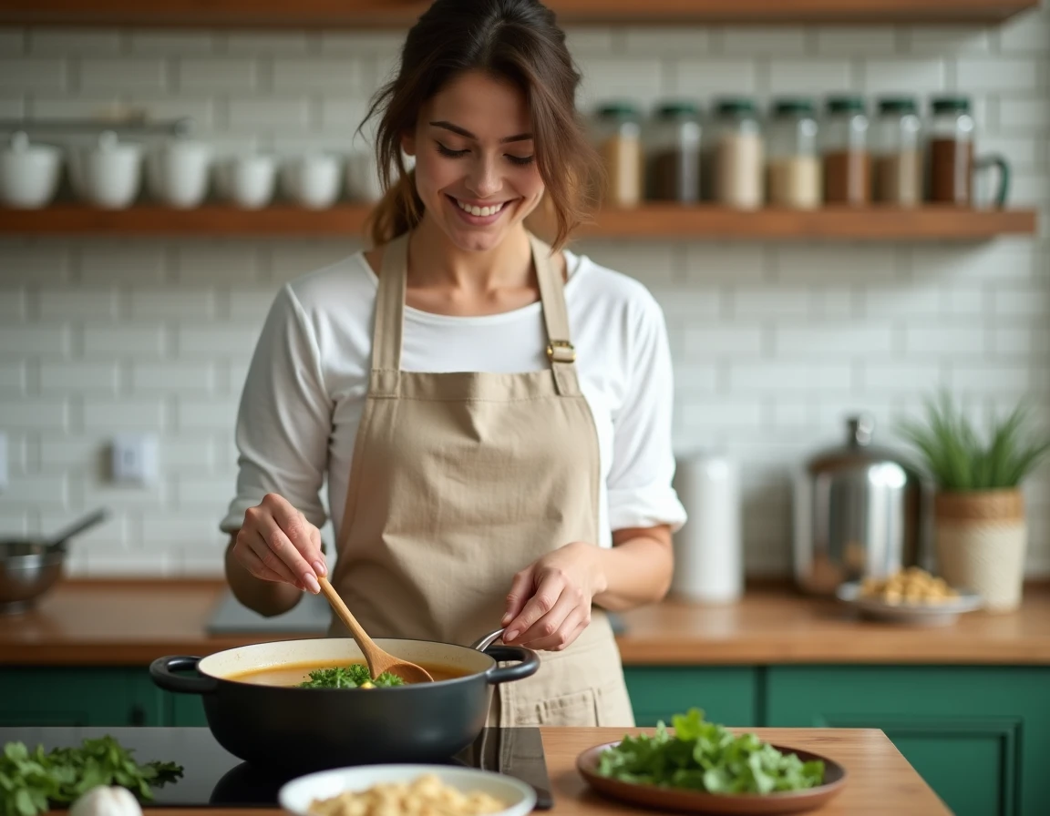 Femme préparant une soupe égyptienne de molokhia dans une cuisine maison avec des feuilles fraîches et de l'ail sur le plan de travail