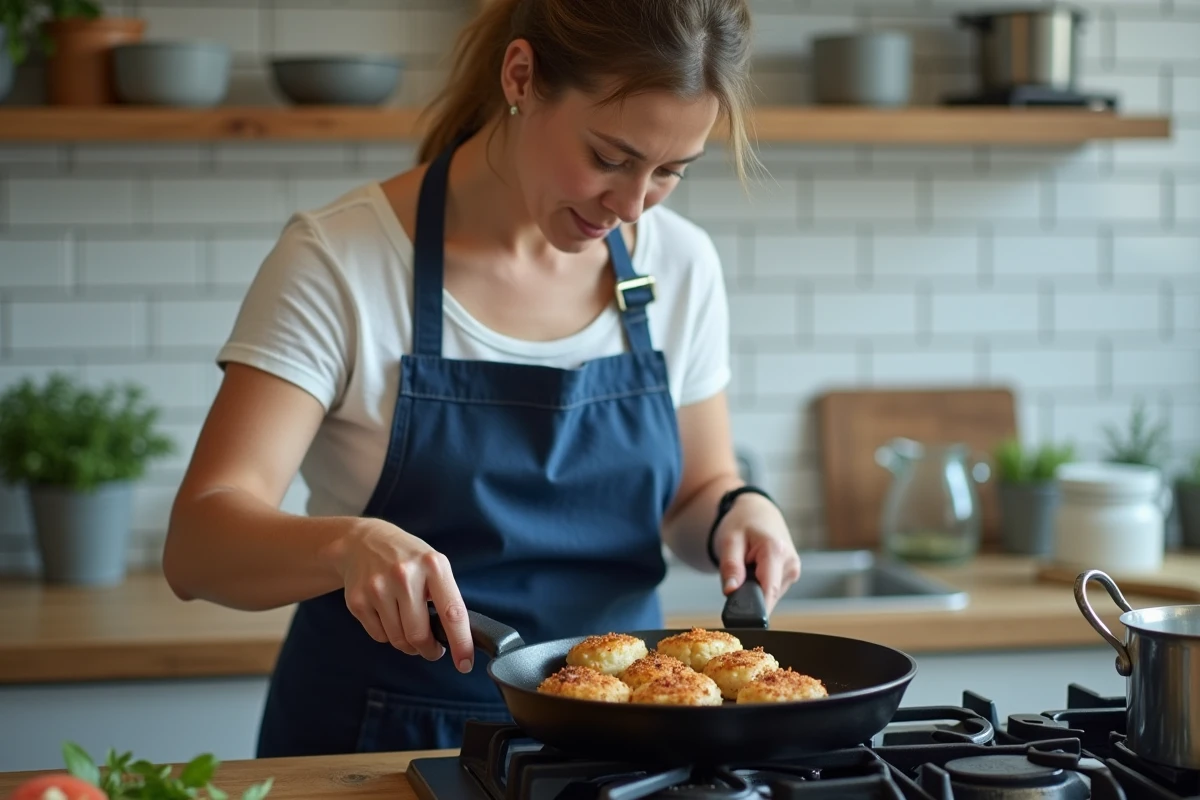 Femme préparant des paupiettes de veau dans une poêle en fonte sur gazinière dans une cuisine moderne