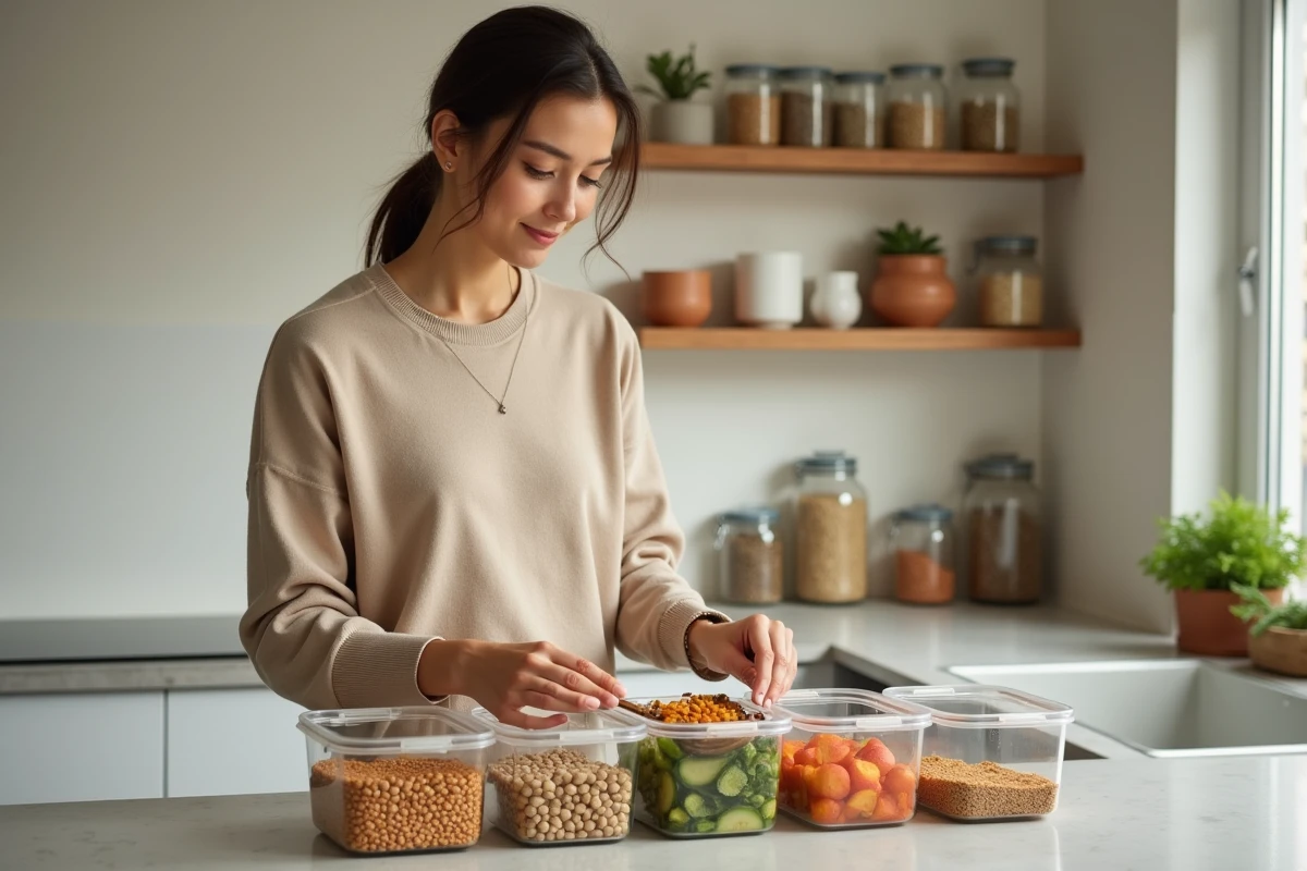 Jeune femme préparant des repas végétariens équilibrés dans une cuisine moderne, représentant une alimentation durable et sans gaspillage