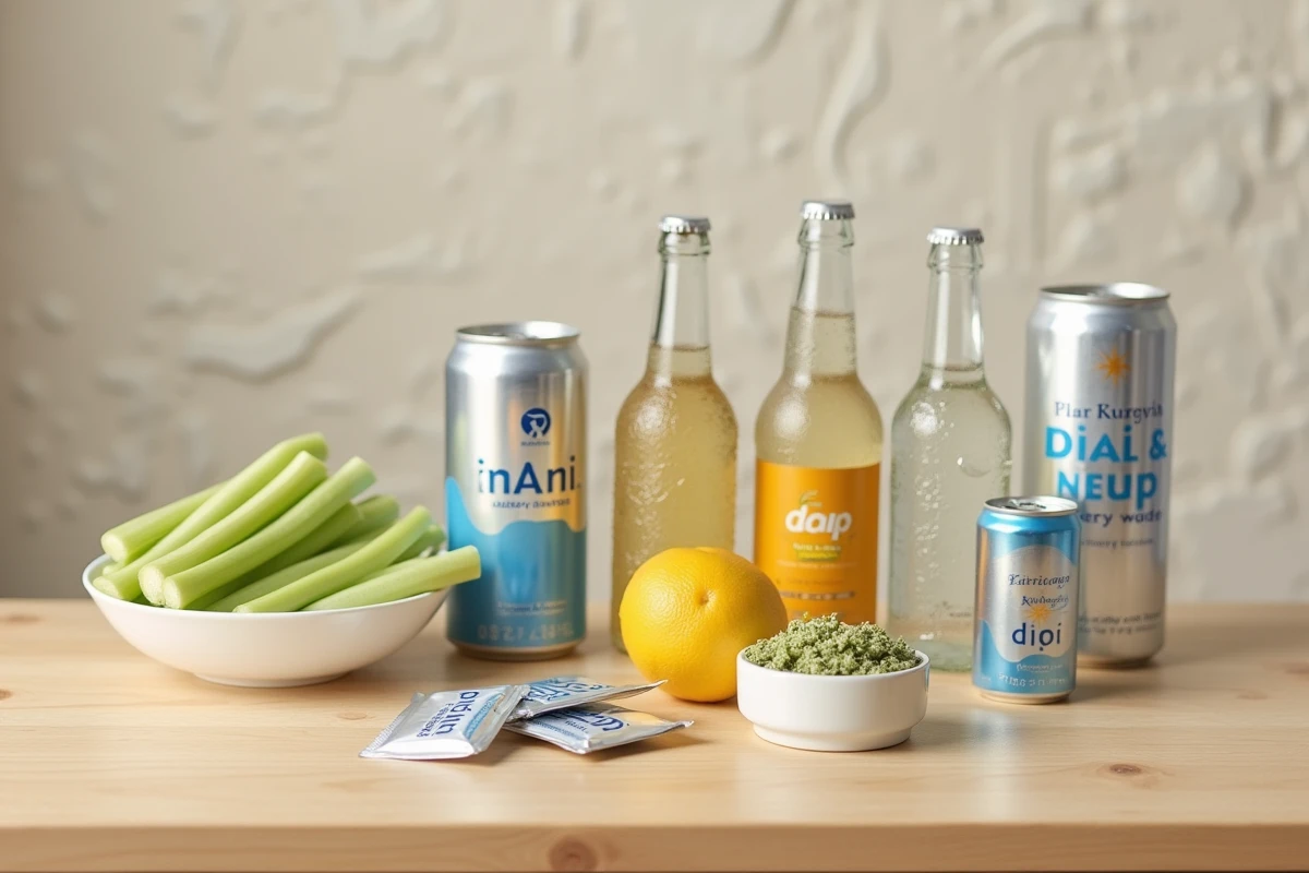 Assortiment de produits alimentaires et boissons zéro calorie disposés sur une table en bois clair