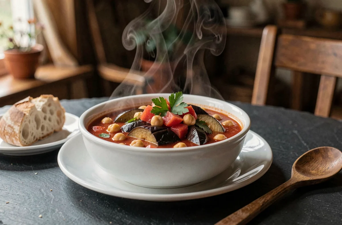 Bol de ragoût d'aubergines aux pois chiches servi avec du pain rustique, repas végétarien chaud et nourrissant