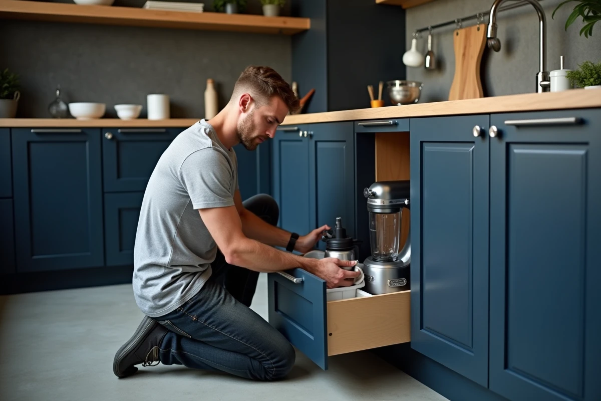 Rangement organisé d'un mixeur et ses accessoires dans un meuble de cuisine pour éviter les chocs