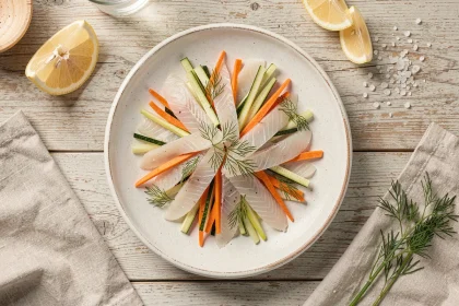 Recette de julienne poisson avec légumes juliennés, dill frais et citron sur assiette en céramique blanche vue de dessus