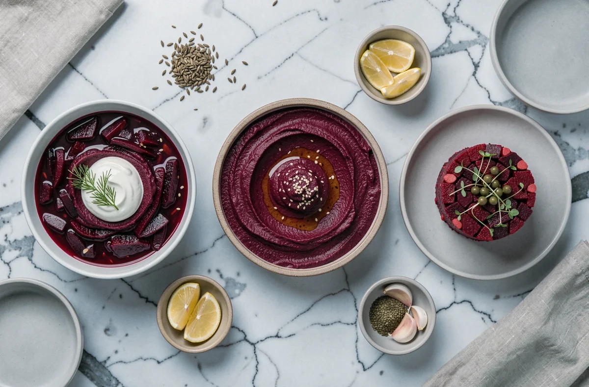 Trois recettes à base de betterave rouge : borscht, houmous et tartare végétal présentés sur marbre en vue du dessus