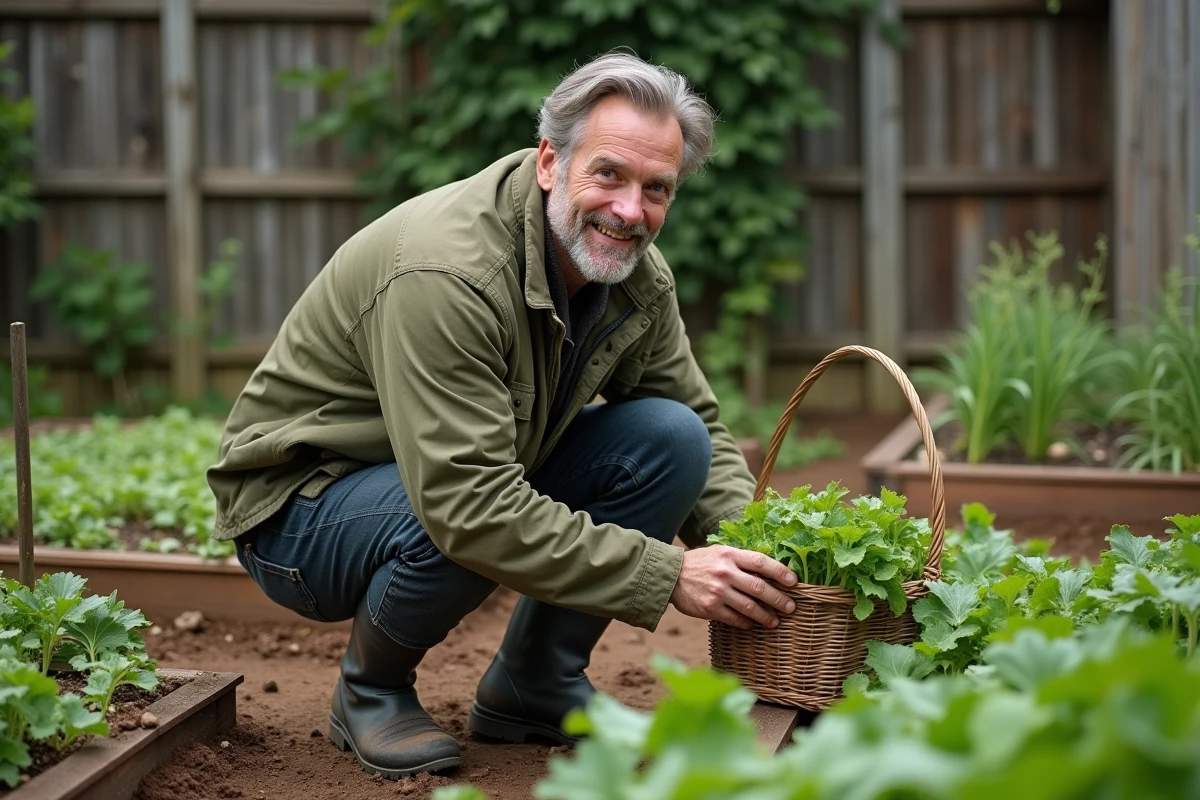 Homme récoltant des légumes dans un potager domestique, illustration du jardinage durable et de l'autosuffisance alimentaire