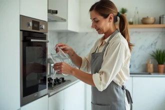 Femme versant de l'eau dans le réservoir d'un four à vapeur intégré dans une cuisine moderne