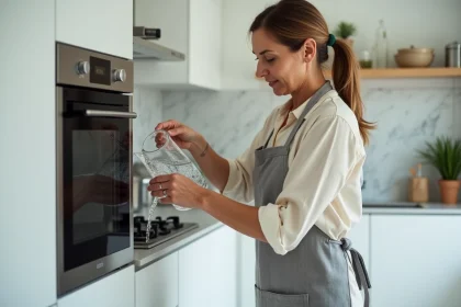 Femme versant de l'eau dans le réservoir d'un four à vapeur intégré dans une cuisine moderne