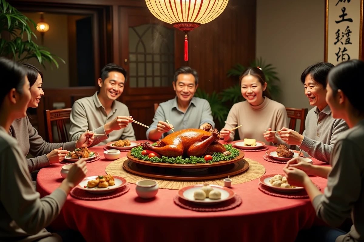 Famille chinoise autour d'un repas festif avec canard rôti et plats de porc traditionnels sur une table ronde avec plateau tournant