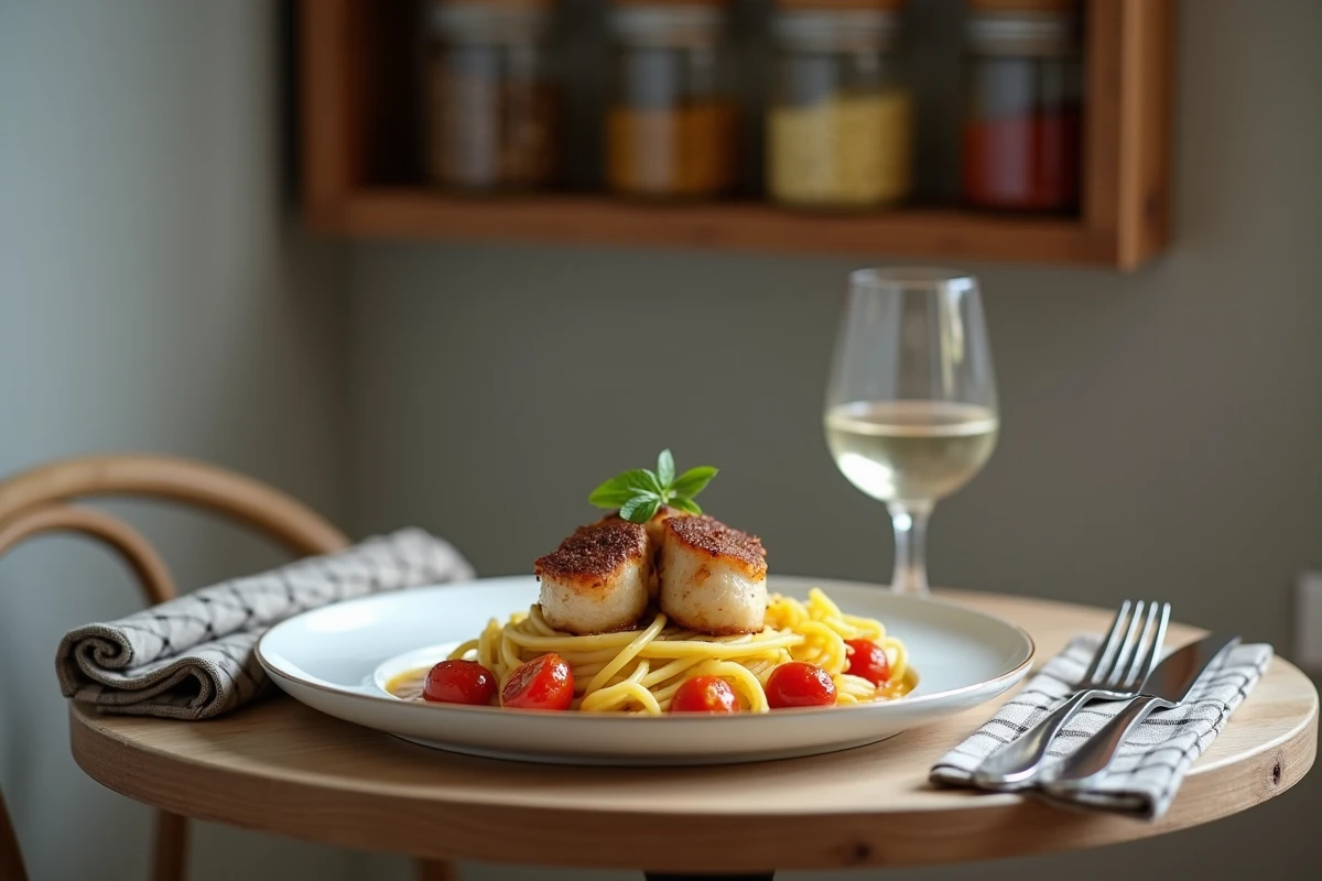 Repas express de semaine avec paupiettes de veau, tagliatelles et tomates cerises sur table de bistro pour deux