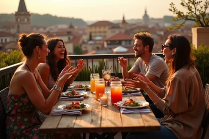 Groupe d'amis attablés sur une terrasse rooftop originale à Lyon avec vue sur les toits de la ville