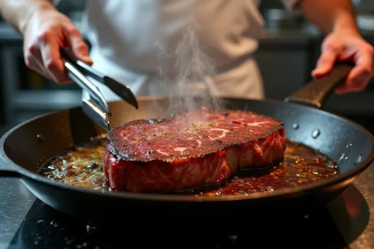 Steak en train d'être saisi dans une poêle en fonte avec une croûte dorée bien formée dans une cuisine professionnelle