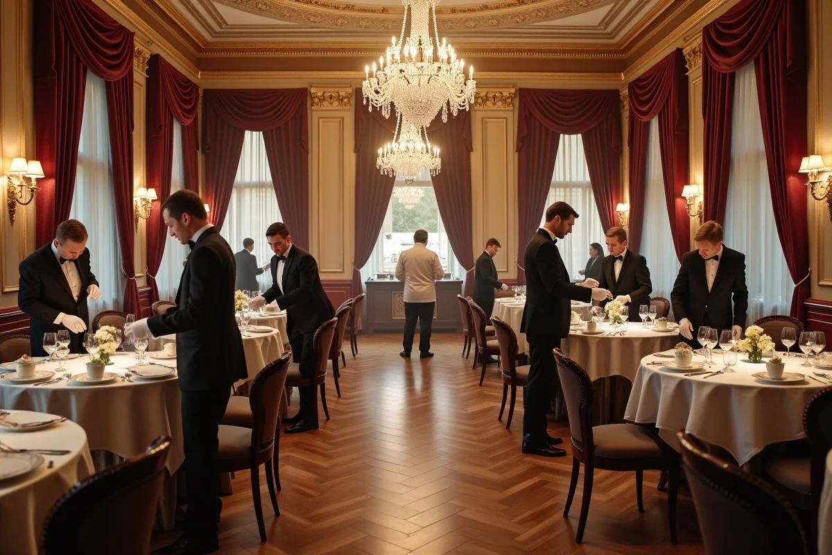 Grande salle de restaurant Belle Époque avec serveurs en tenue formelle dressant des tables en porcelaine fine, évoquant l'univers de luxe hôtelier qu'Auguste Escoffier a contribué à créer