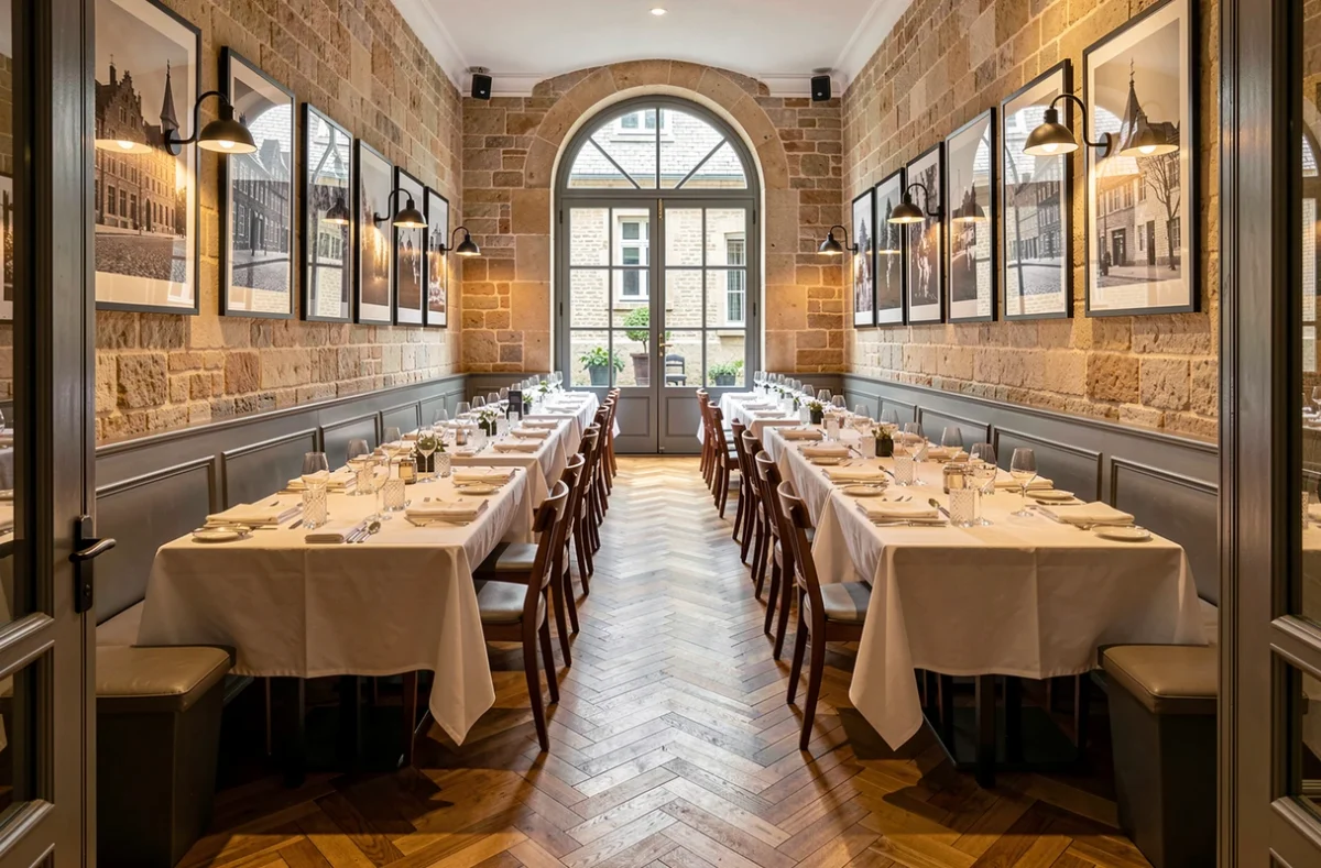 Salle de restaurant gastronomique à Lille avec tables en lin blanc, parquet en point de Hongrie et décor alliant pierre apparente et modernité