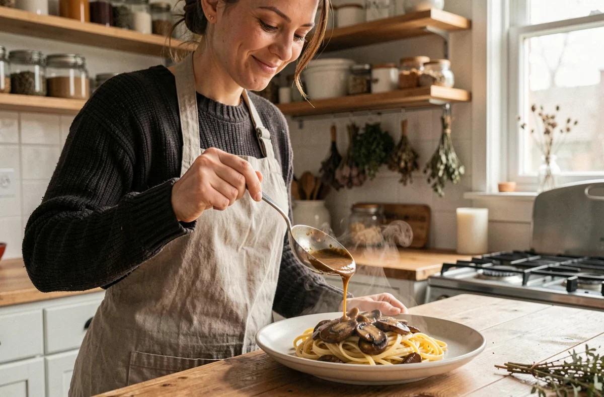 Femme versant une sauce aux cèpes maison sur des pâtes fraîches dans une cuisine chaleureuse et conviviale