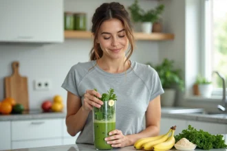 Femme préparant un smoothie vert comme substitut de repas dans une cuisine moderne