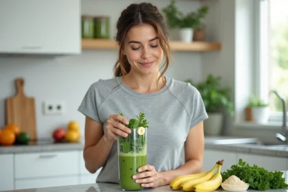 Femme préparant un smoothie vert comme substitut de repas dans une cuisine moderne