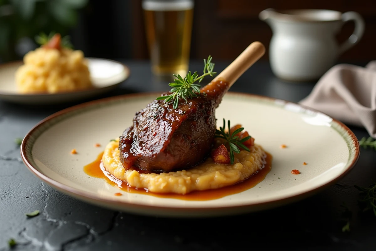 Souris d'agneau braisée dressée sur assiette avec purée de panais et jus réduit, présentation gastronomique