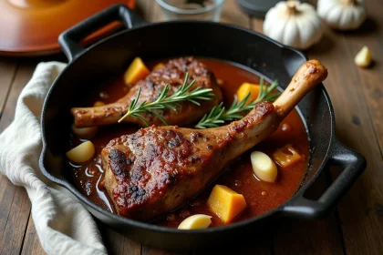 Souris d'agneau dorées dans une cocotte en fonte avec légumes et romarin, cuisson mijotée traditionnelle