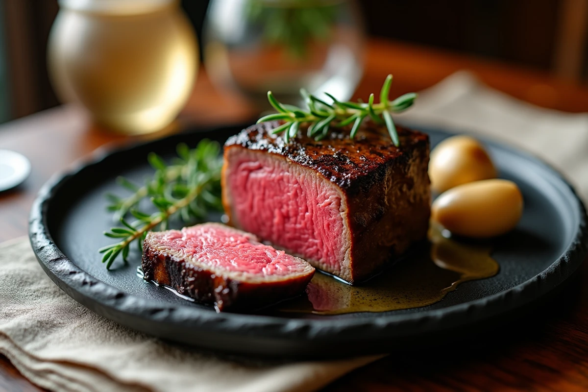 Steak de filet de bœuf cuit à la perfection, tranché et présenté sur une ardoise dans un cadre de restaurant