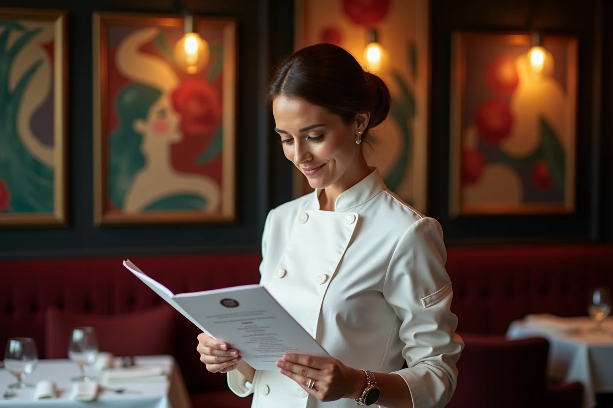 Cheffe Stéphanie Le Quellec en veste blanche dans la salle intimiste du restaurant La Scène à Paris avec décor velours et art mural