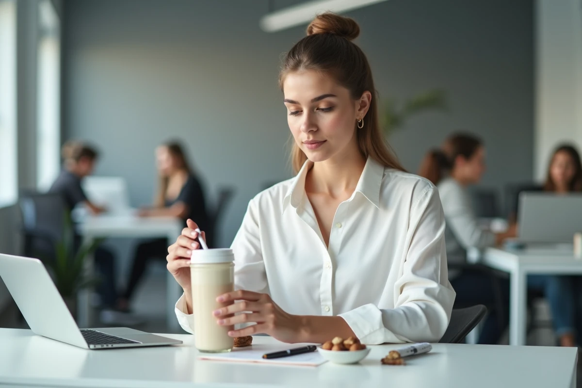 Jeune femme au bureau avec une collation de substitution de repas équilibrée