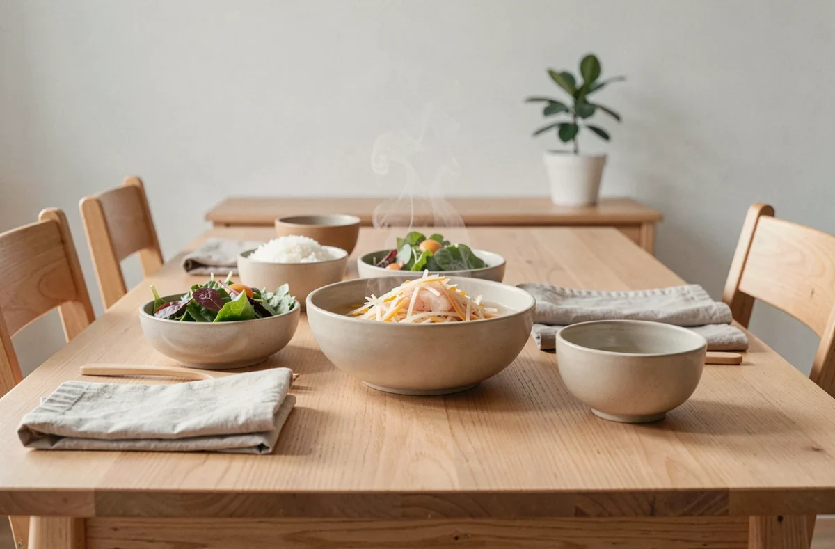 Table dressée pour deux avec un plat de julienne de poisson au court-bouillon, riz vapeur et salade verte en décor scandinave