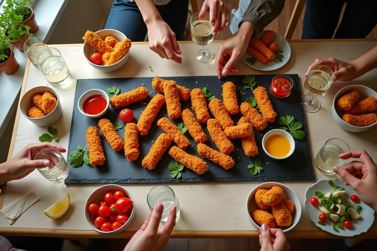 Grande tablée conviviale avec des tenders maison croustillants sur une ardoise entourée de sauces et de verres de vin blanc pour l'apéro