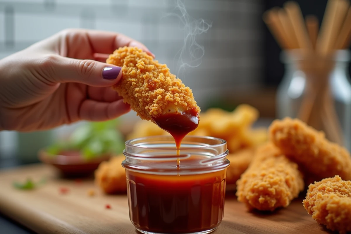 Gros plan d'un tender de poulet maison trempé dans une sauce barbecue fumée tenu à la main lors d'un apéro