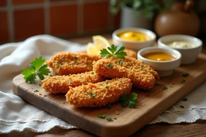 Planche rustique en bois avec des tenders de poulet maison dorés et croustillants accompagnés de sauces à tremper pour l'apéro