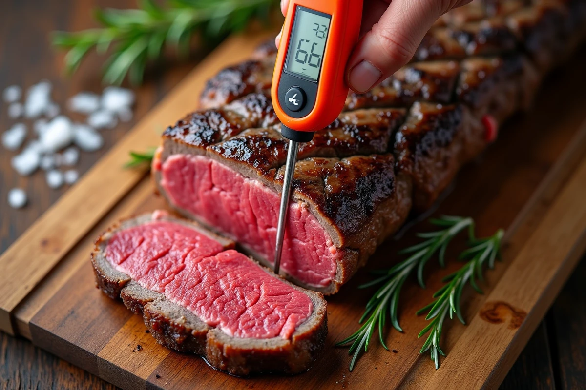 Thermomètre de cuisson inséré dans un steak de bœuf pour mesurer la température de saisie idéale