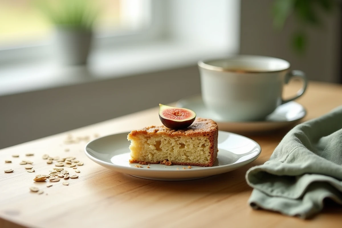 Tranche de gâteau flocon d'avoine régime sans sucre sur assiette céramique avec une tasse de tisane et une figue en décoration