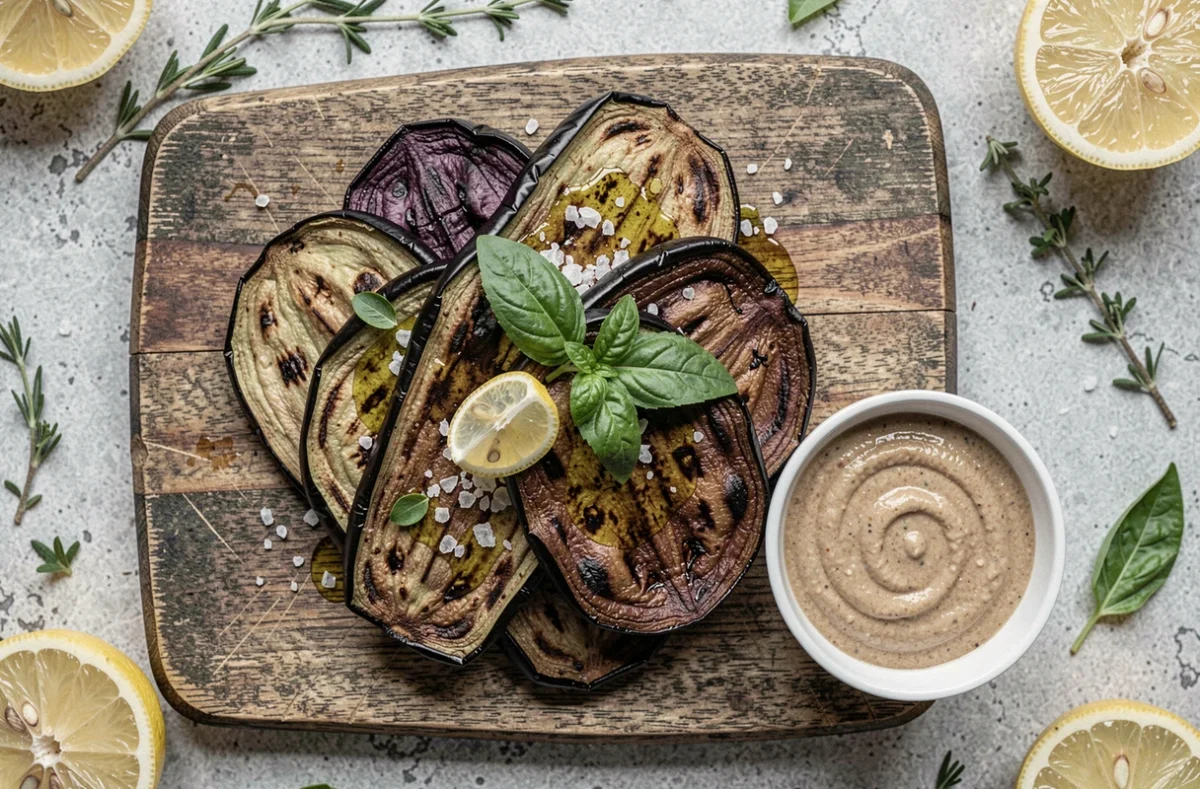 Tranches d'aubergines rôties à basse température dressées sur une planche en bois avec basilic, huile d'olive et sauce tahini